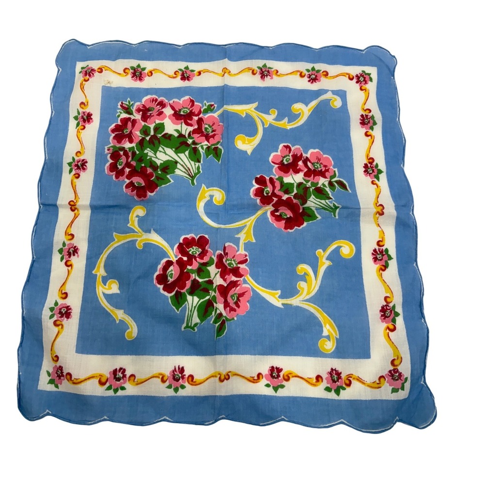 Vintage Blue Floral Handkerchief Scalloped Edge Embroidered Initials LA 11.5in